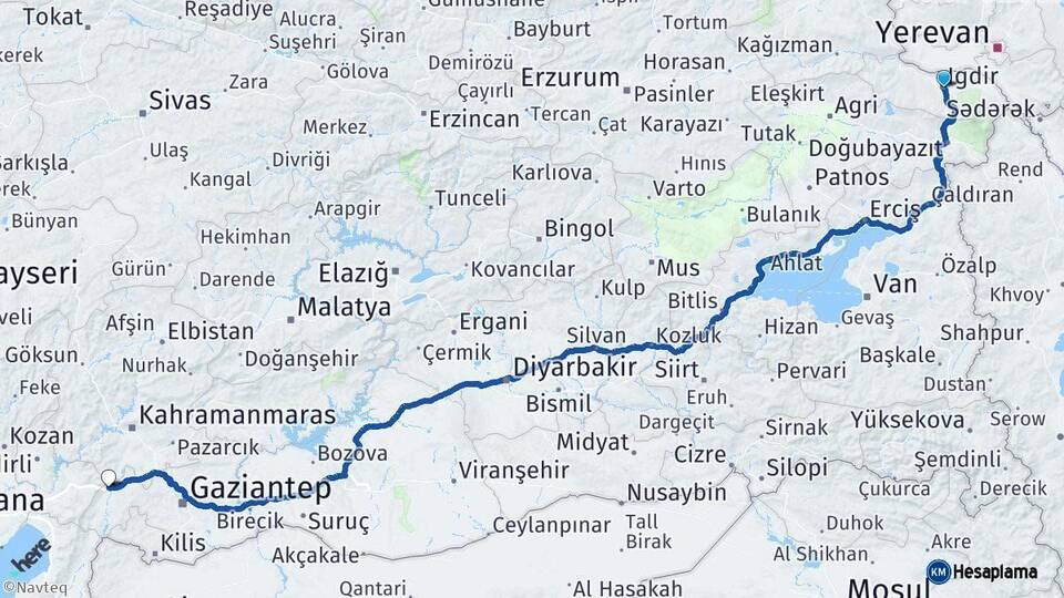 Iğdır Nurdağı Gaziantep Arası Kaç Km - Yol Haritası