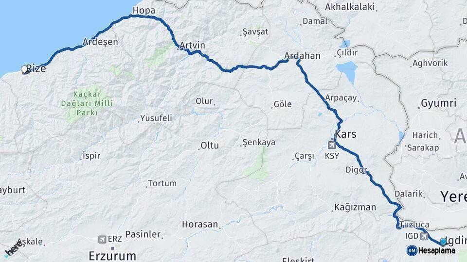 Iğdır Rize Arası Kaç Km - Yol Haritası