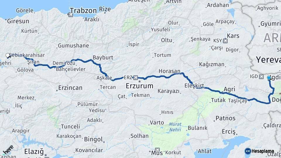 Iğdır Şebinkarahisar Giresun Arası Kaç Km - Yol Haritası