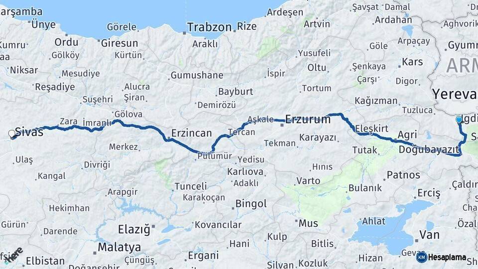Iğdır Sivas Arası Kaç Km - Yol Haritası