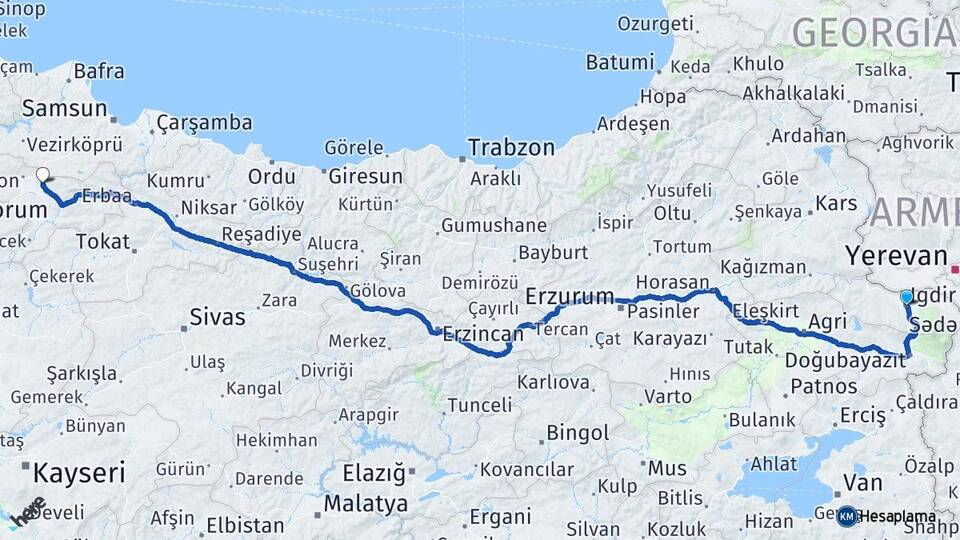 Iğdır Suluova Amasya Arası Kaç Km - Yol Haritası