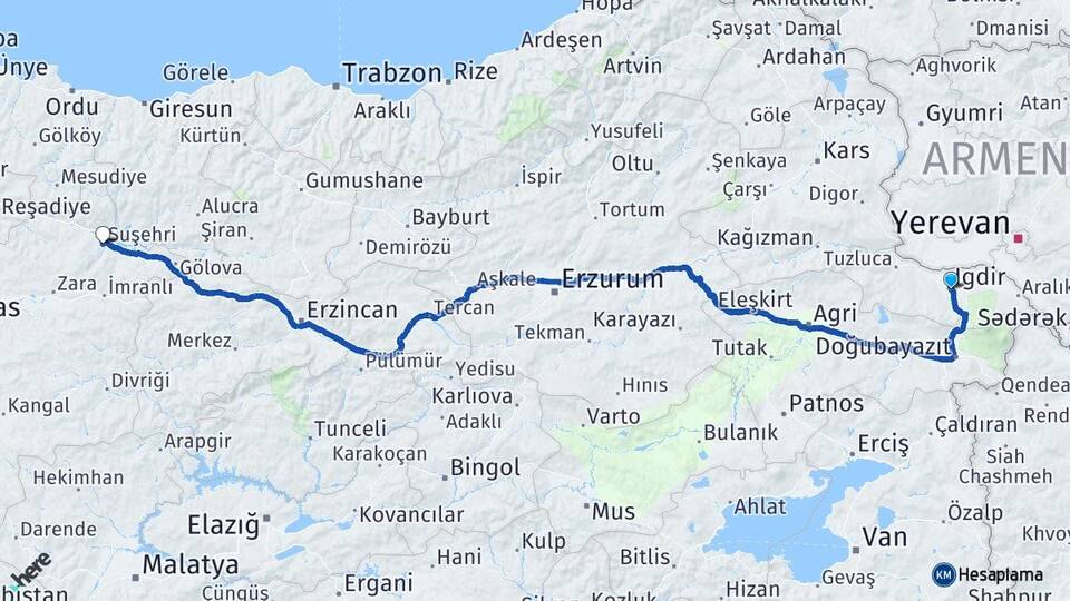 Iğdır Suşehri Sivas Arası Kaç Km - Yol Haritası