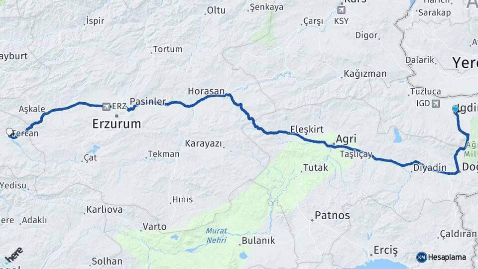 Iğdır Tercan Erzincan Arası Kaç Km - Yol Haritası