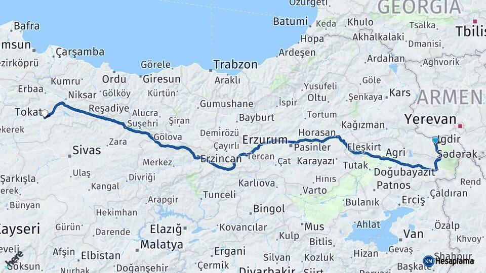 Iğdır Tokat Arası Kaç Km - Yol Haritası