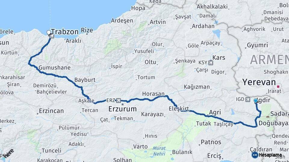 Iğdır Trabzon Arası Kaç Km - Yol Haritası