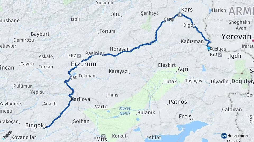 Iğdır Tuzluca Bingöl Arası Kaç Km - Yol Haritası