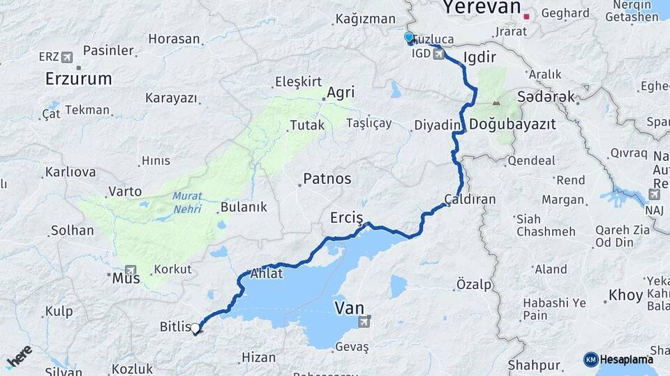 Iğdır Tuzluca Bitlis Arası Kaç Km - Yol Haritası