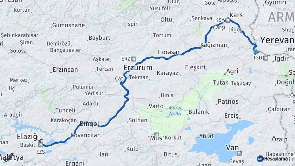 Iğdır Tuzluca Elazığ Arası Kaç Km - Yol Haritası