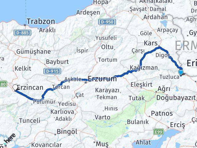 Iğdır Tuzluca Erzincan Arası Kaç Km - Yol Haritası