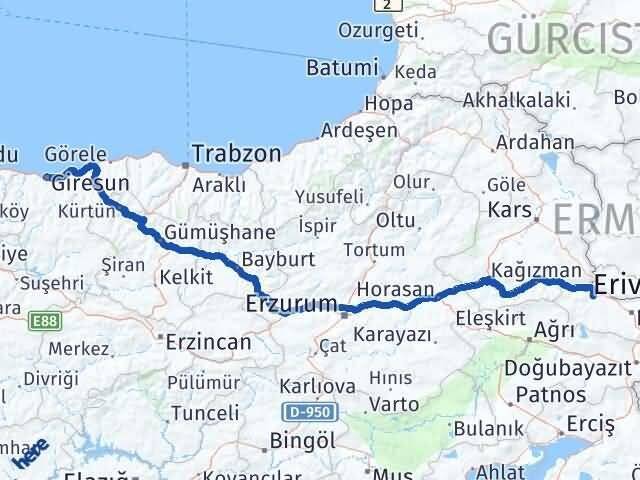 Iğdır Tuzluca Giresun Arası Kaç Km - Yol Haritası