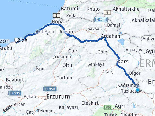 Iğdır Tuzluca Rize Arası Kaç Km - Yol Haritası