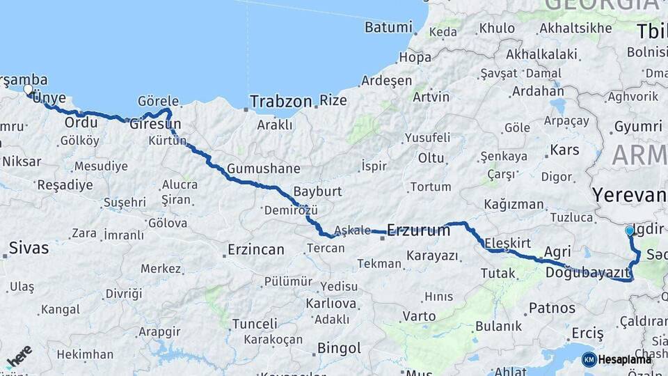 Iğdır Ünye Ordu Arası Kaç Km - Yol Haritası