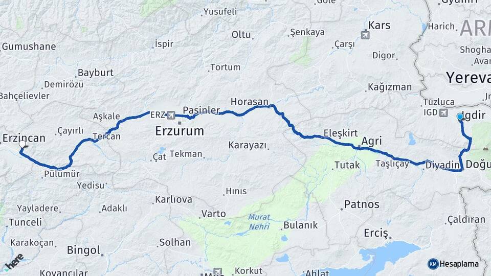 Iğdır Üzümlü Erzincan Arası Kaç Km - Yol Haritası