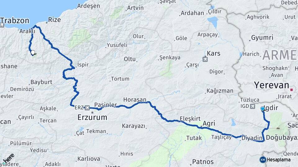 Iğdır Uzungöl Çaykara Trabzon Arası Kaç Km - Yol Haritası