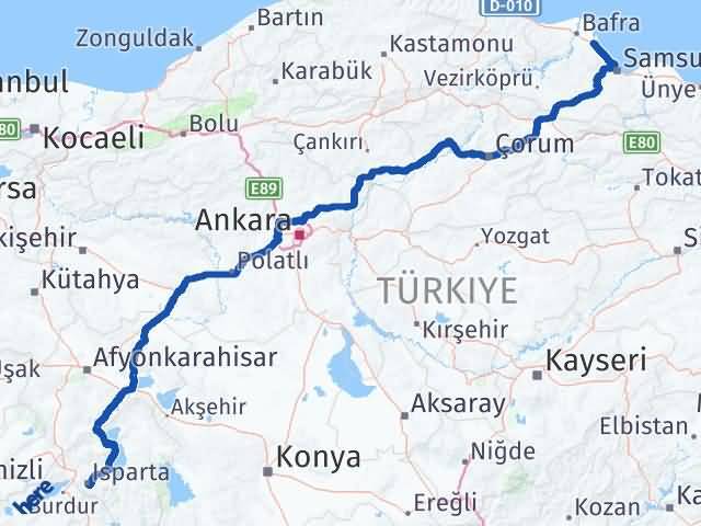 Isparta 19 Mayıs Samsun Arası Kaç Km - Yol Haritası