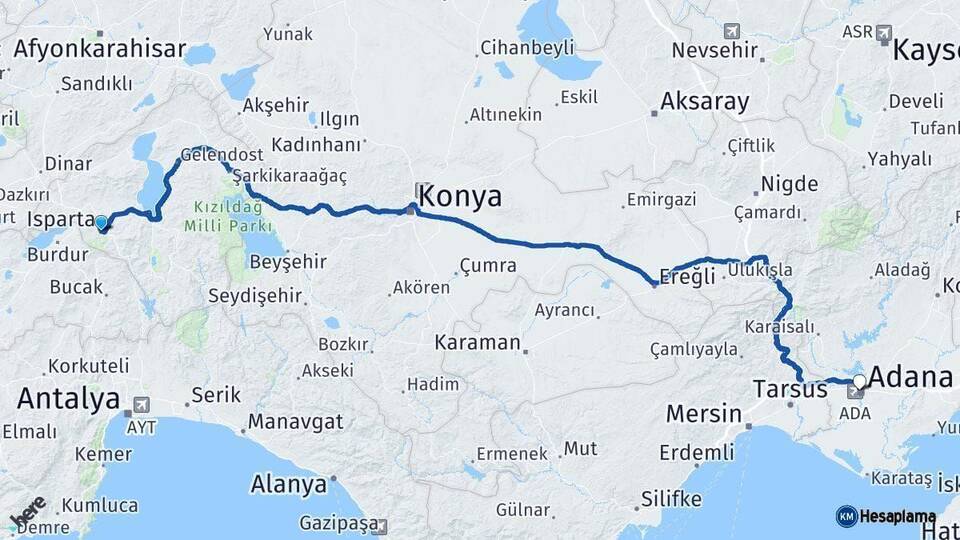 Isparta Adana Arası Kaç Km - Yol Haritası