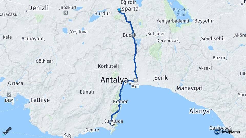 Isparta Adrasan Kumluca Antalya Arası Kaç Km - Yol Haritası