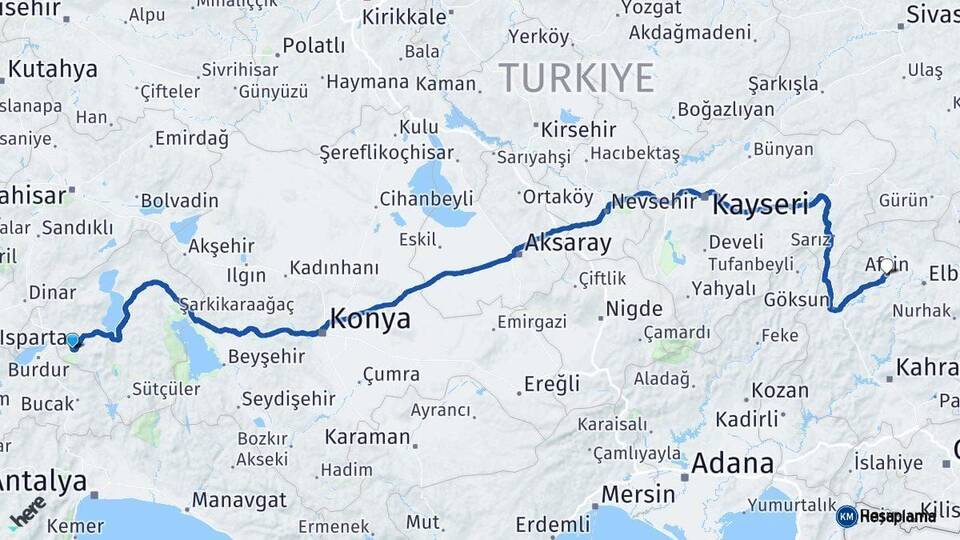 Isparta Afşin Kahramanmaraş Arası Kaç Km - Yol Haritası