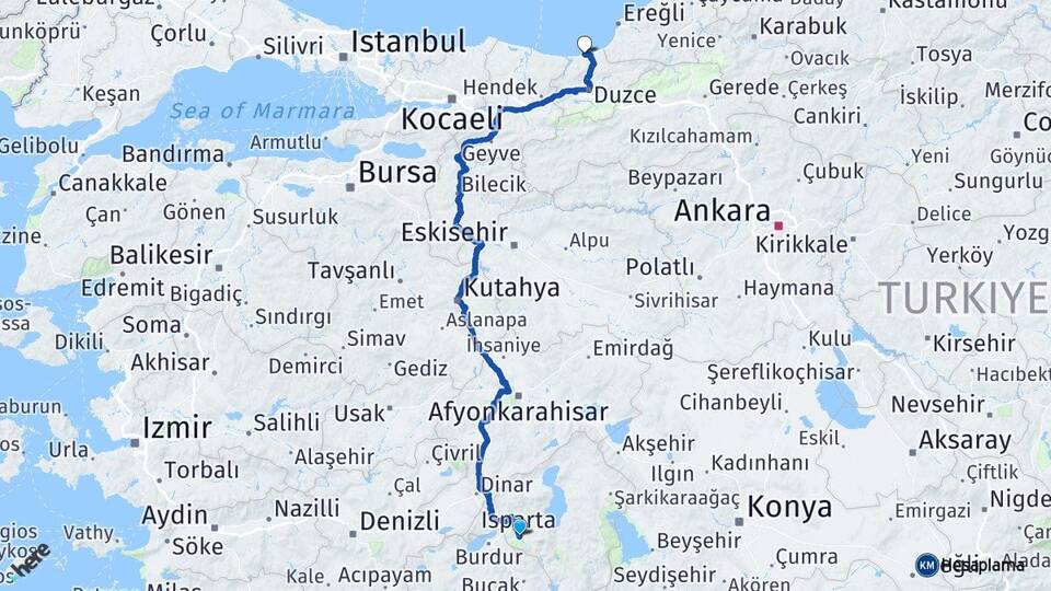 Isparta Akçakoca Düzce Arası Kaç Km - Yol Haritası