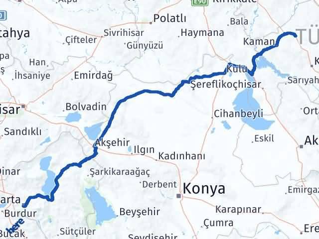 Isparta Akpınar Kırşehir Arası Kaç Km - Yol Haritası