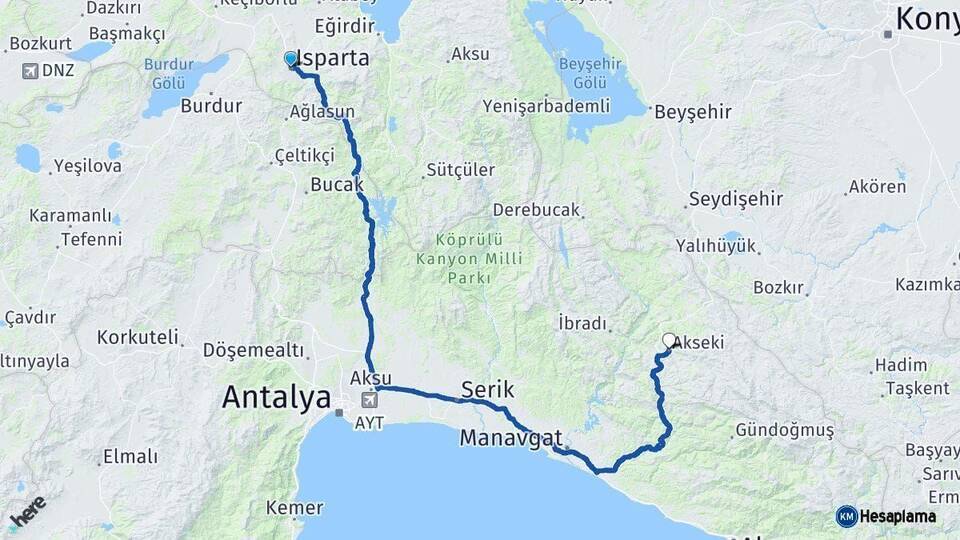Isparta Akseki Antalya Arası Kaç Km - Yol Haritası