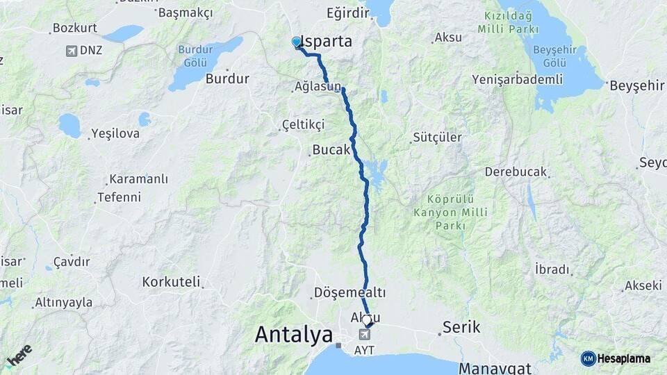 Isparta Aksu Antalya Arası Kaç Km - Yol Haritası