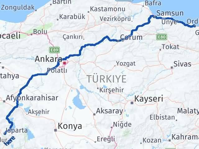 Isparta Altınordu Arası Kaç Km - Yol Haritası