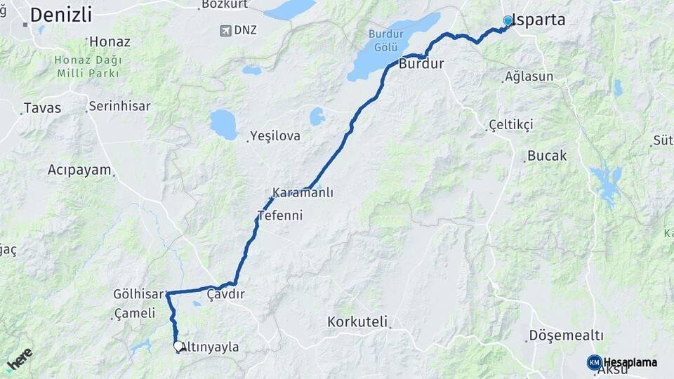 Isparta Altınyayla Burdur Arası Kaç Km - Yol Haritası
