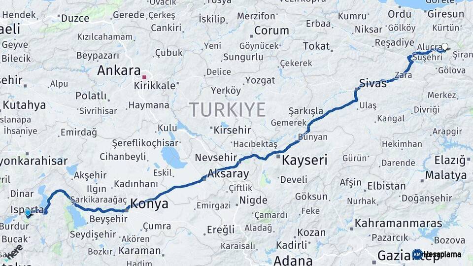 Isparta Alucra Giresun Arası Kaç Km - Yol Haritası