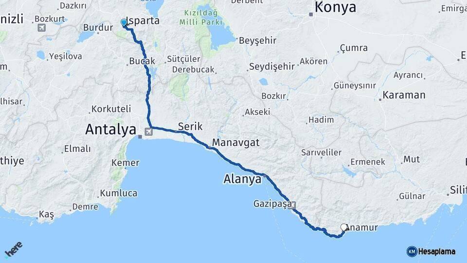 Isparta Anamur Mersin Arası Kaç Km - Yol Haritası