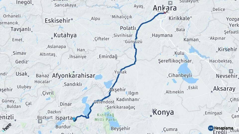Isparta Ankara Arası Kaç Km - Yol Haritası
