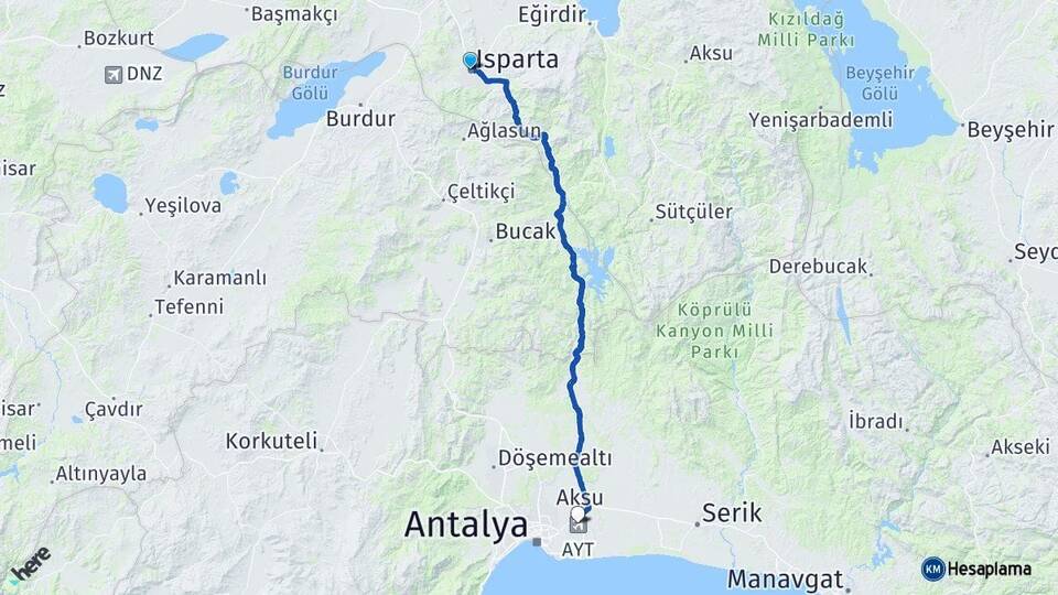 Isparta Antalya Havalimanı Arası Kaç Km - Yol Haritası