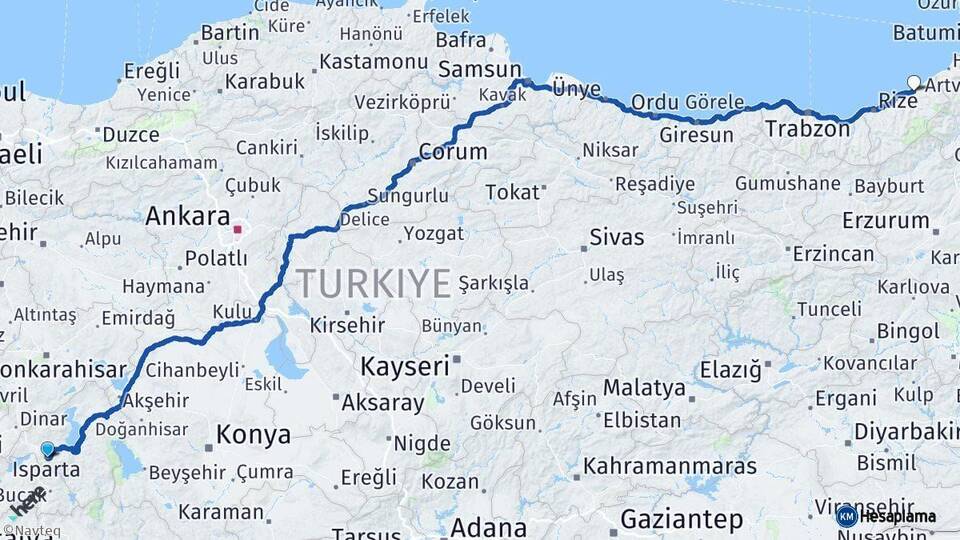 Isparta Ardeşen Rize Arası Kaç Km - Yol Haritası