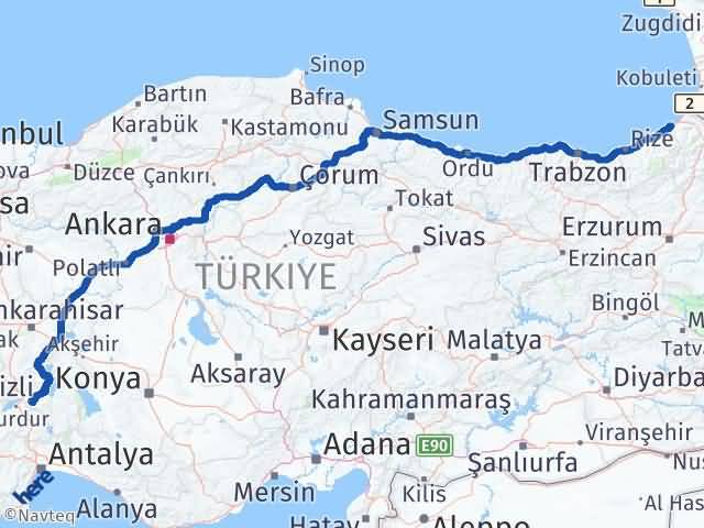 Isparta Arhavi Artvin Arası Kaç Km - Yol Haritası