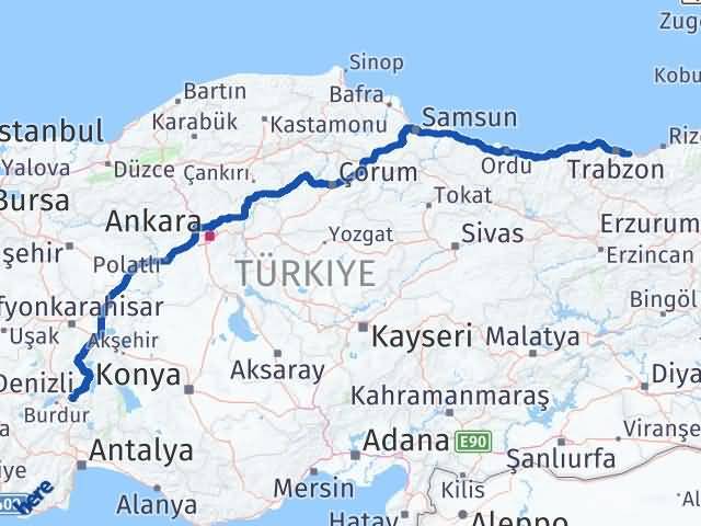 Isparta Arsin Trabzon Arası Kaç Km - Yol Haritası