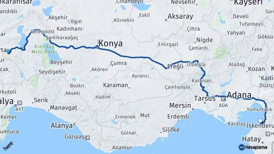 Isparta Arsuz Hatay Arası Kaç Km - Yol Haritası