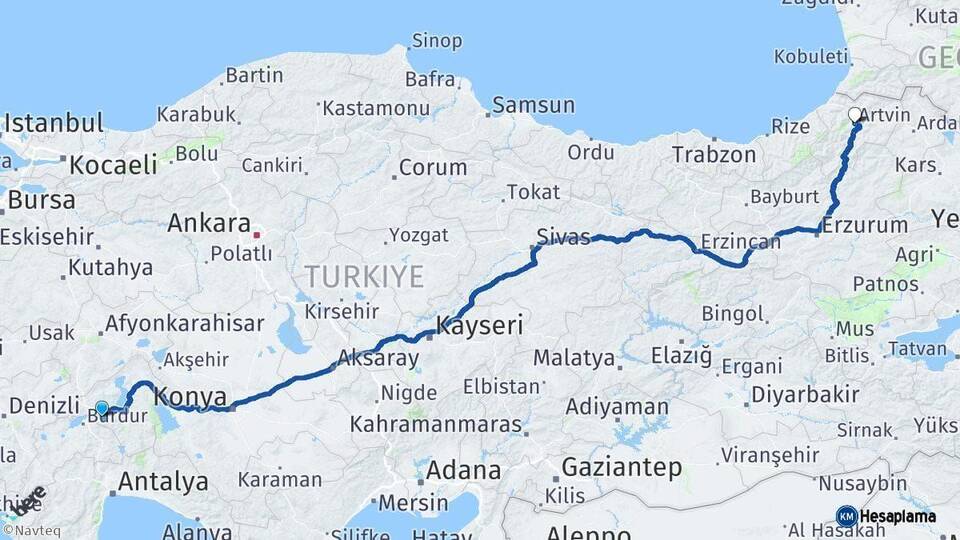 Isparta Artvin Arası Kaç Km - Yol Haritası