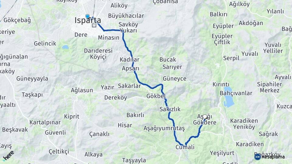 Isparta Aşağı Gökdere Eğirdir Arası Kaç Km - Yol Haritası