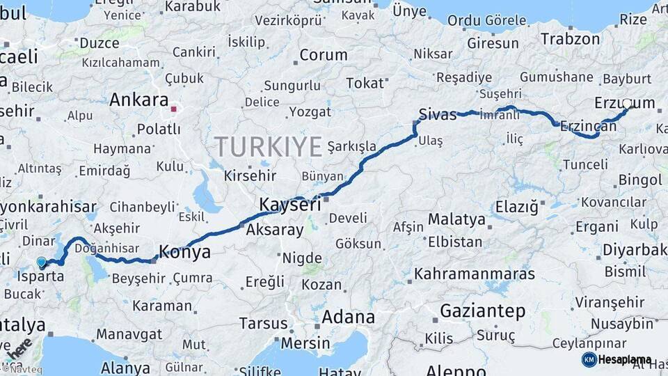 Isparta Aşkale Erzurum Arası Kaç Km - Yol Haritası
