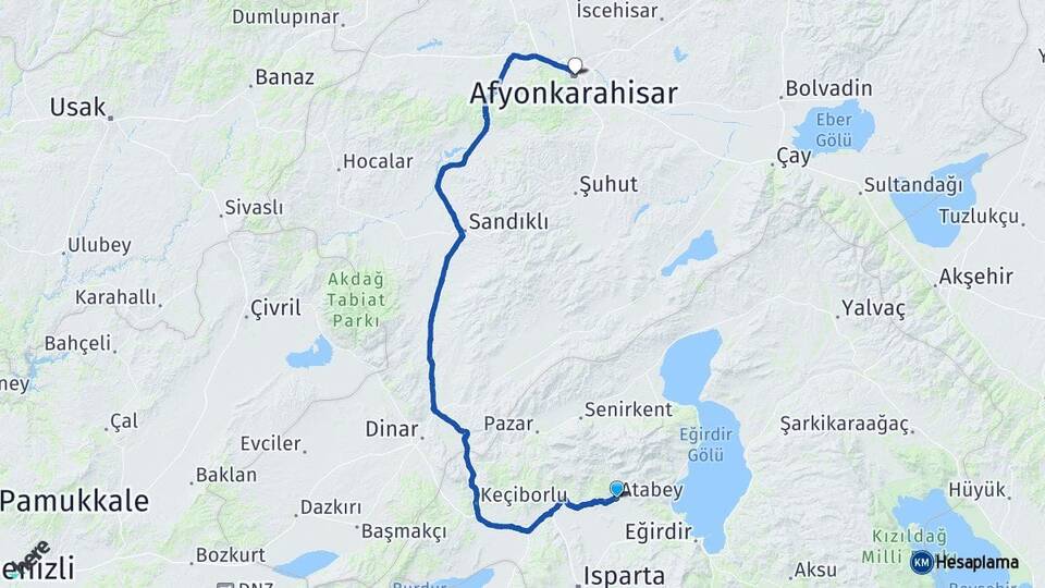 Isparta Atabey Afyonkarahisar Arası Kaç Km - Yol Haritası