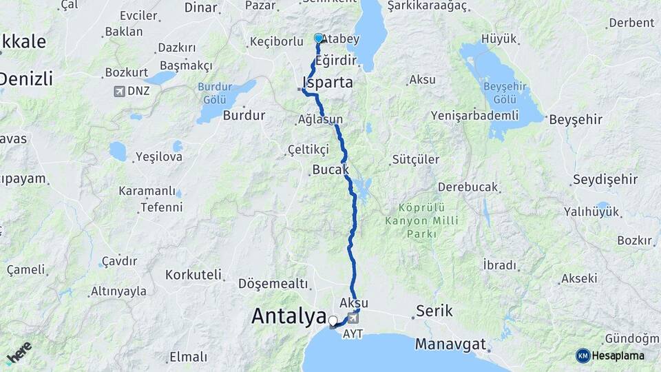 Isparta Atabey Antalya Arası Kaç Km - Yol Haritası