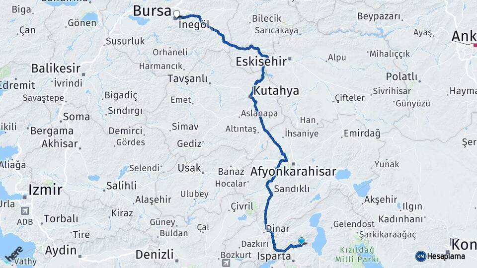 Isparta Atabey Bursa Arası Kaç Km - Yol Haritası