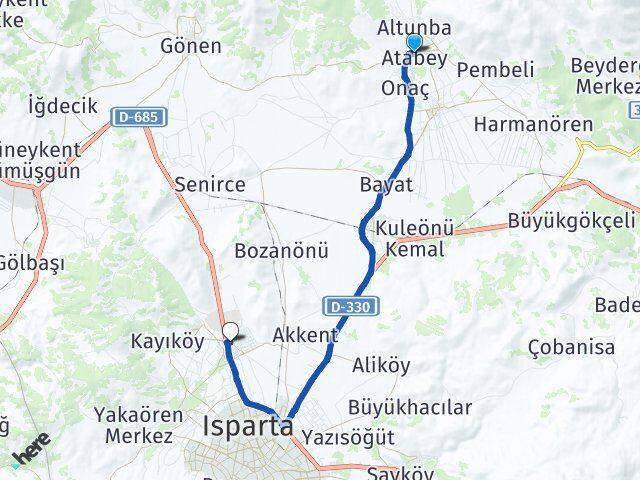 Isparta Atabey Çünür Arası Kaç Km - Yol Haritası