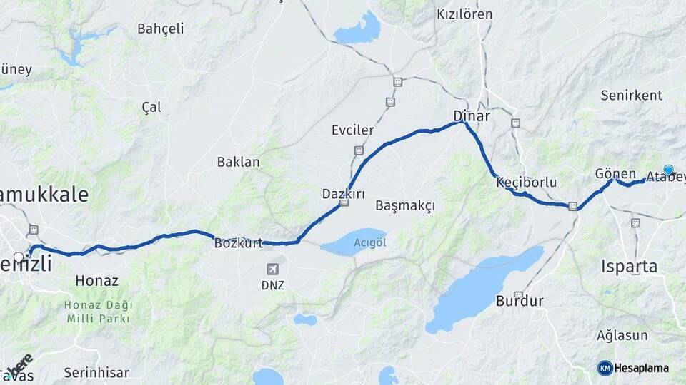Isparta Atabey Denizli Arası Kaç Km - Yol Haritası