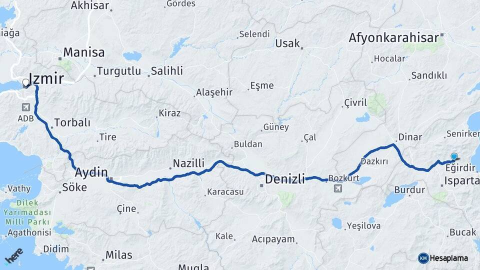 Isparta Atabey İzmir Arası Kaç Km - Yol Haritası