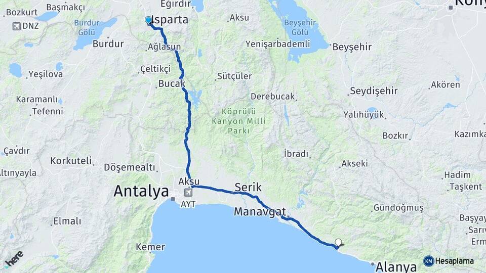 Isparta Avsallar Alanya Antalya Arası Kaç Km - Yol Haritası