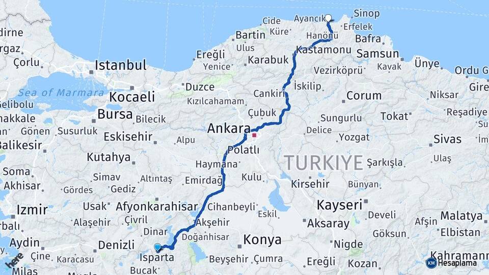 Isparta Ayancık Sinop Arası Kaç Km - Yol Haritası