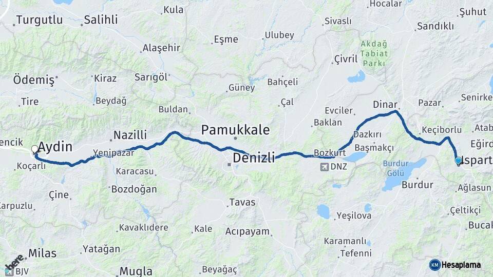 Isparta Aydın Arası Kaç Km - Yol Haritası