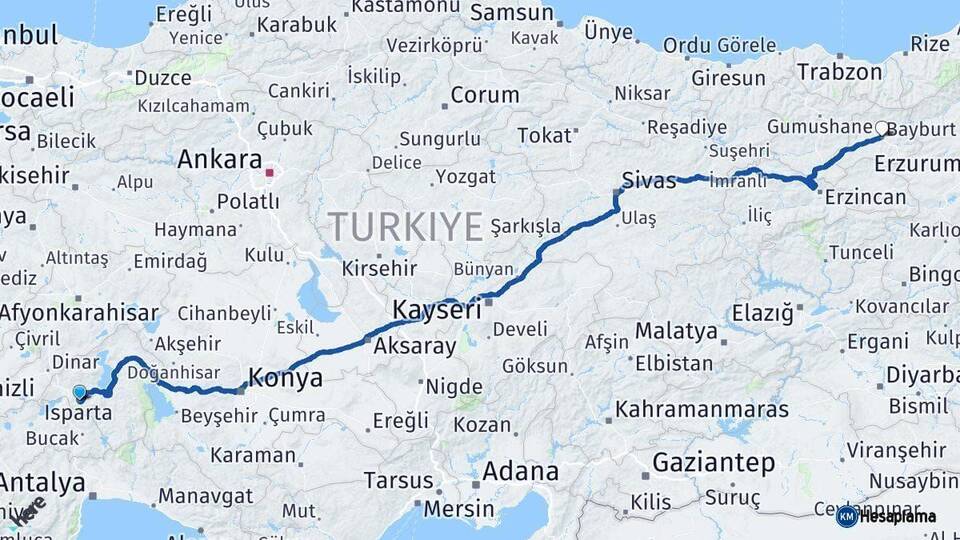 Isparta Bayburt Arası Kaç Km - Yol Haritası