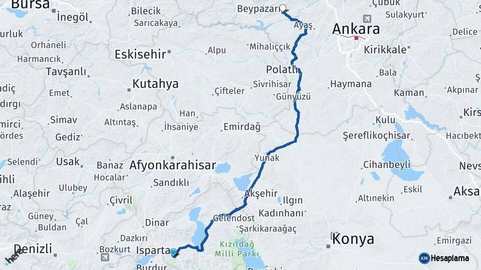 Isparta Beypazarı Ankara Arası Kaç Km - Yol Haritası